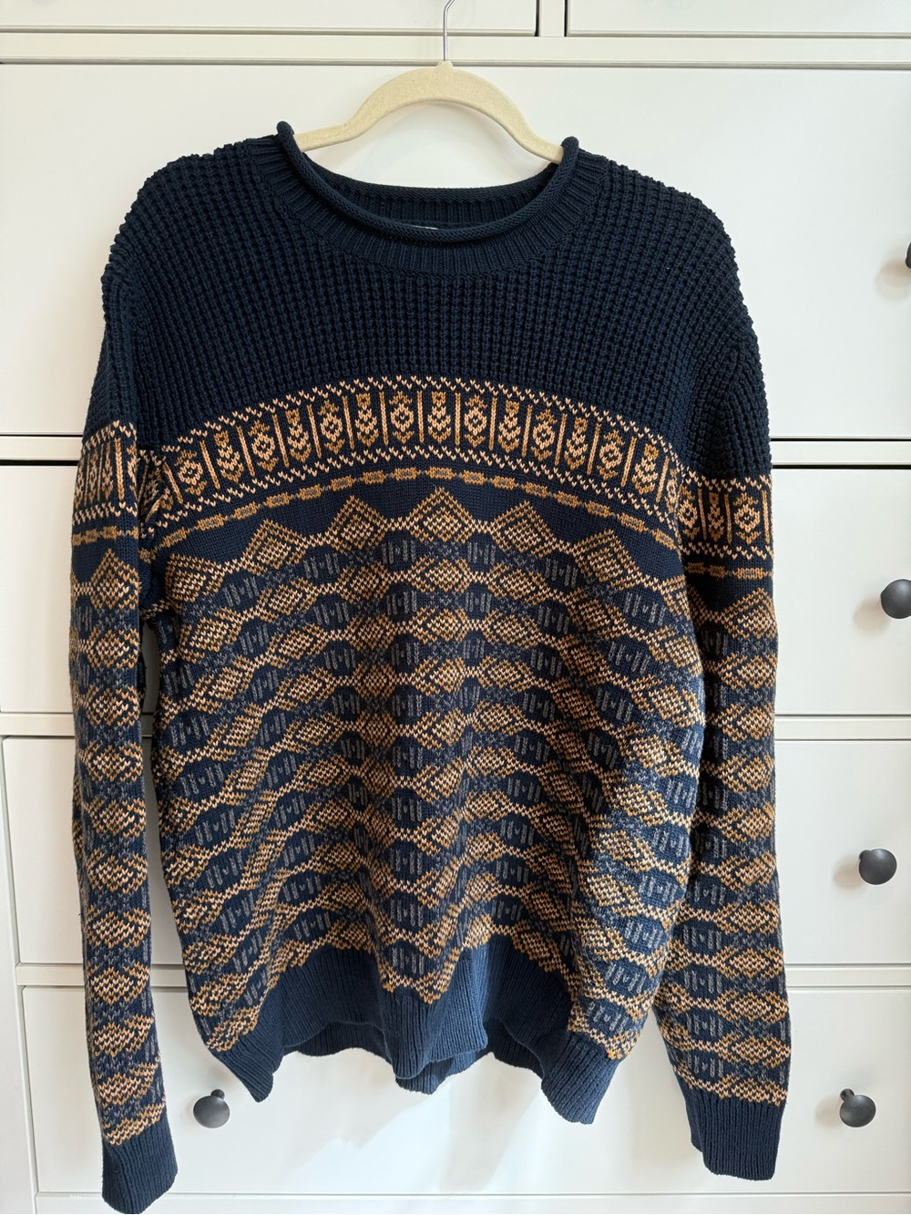 L.L. Bean Navy Blue and Tan Patterned Knit Sweater